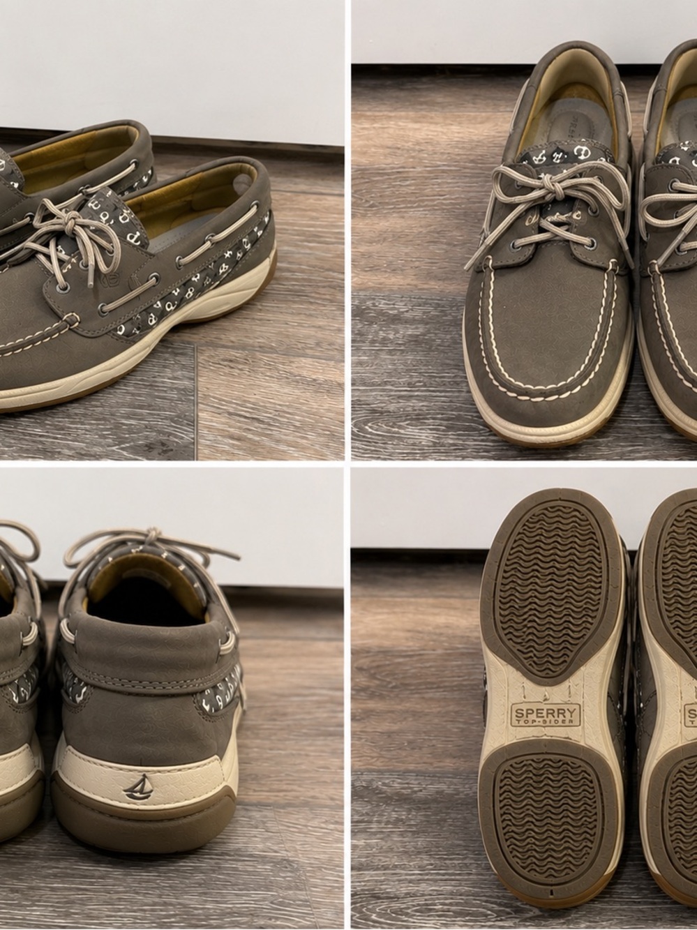 Sperry womens Taupe Leather Moc Toe Boat Shoes with Cream Sole